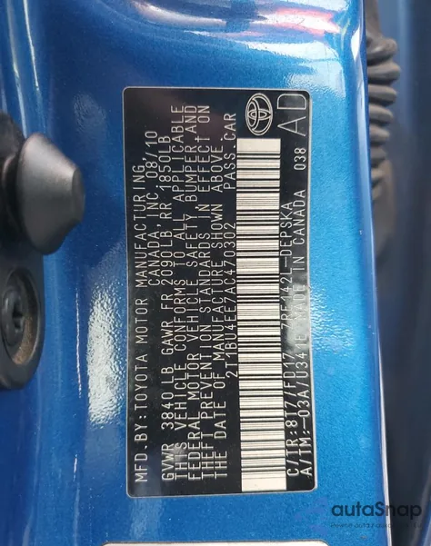 2010 Toyota Corolla Base из США, поврежденный, VIN 2T1BU4EE7AC470302